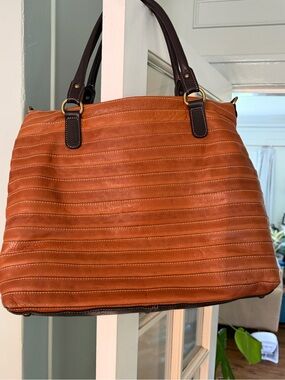 Il Duca Cognac Italian Leather Stripe Tote with Dark Brown Handles